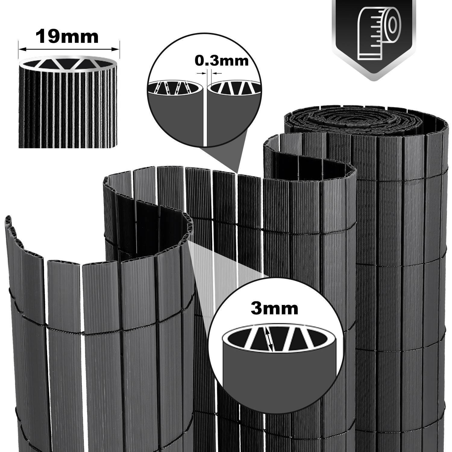 PVC Sichtschutzmatte W-Struktur Verstärkung Innen, Balkon Sichtschutz mit Kabelbindern, Sichtschutzzaun Windschutz Wasserdicht ohne Bohren, Grau 1,8