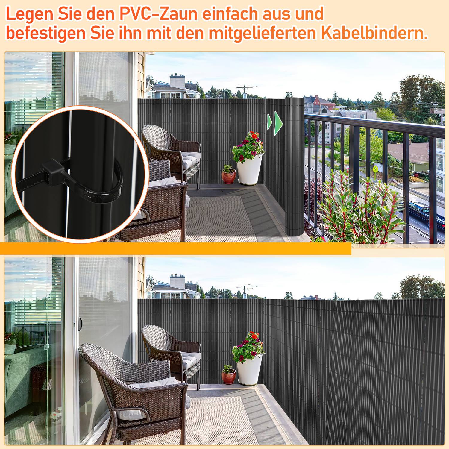 PVC Sichtschutzmatte W-Struktur Verstärkung Innen, Balkon Sichtschutz mit Kabelbindern, Sichtschutzzaun Windschutz Wasserdicht ohne Bohren, Grau 1,2