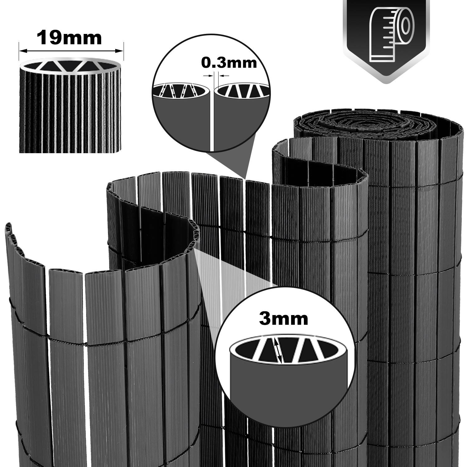Schwarze gewellte Zaun-Rollen dargestellt mit Abmessungen von 19 mm Breite, 0,3 mm Dicke und 3 mm Abstandsdetail.