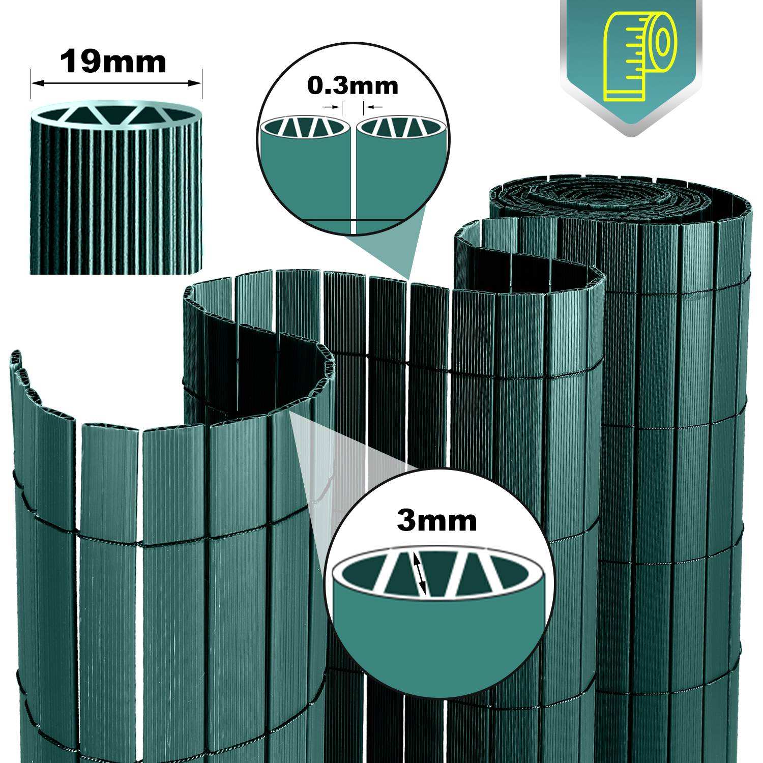 PVC Sichtschutzmatte W-Struktur Verstärkung Innen, Balkon Sichtschutz mit Kabelbindern, Sichtschutzzaun Windschutz Wasserdicht ohne Bohren, Grün 1,8