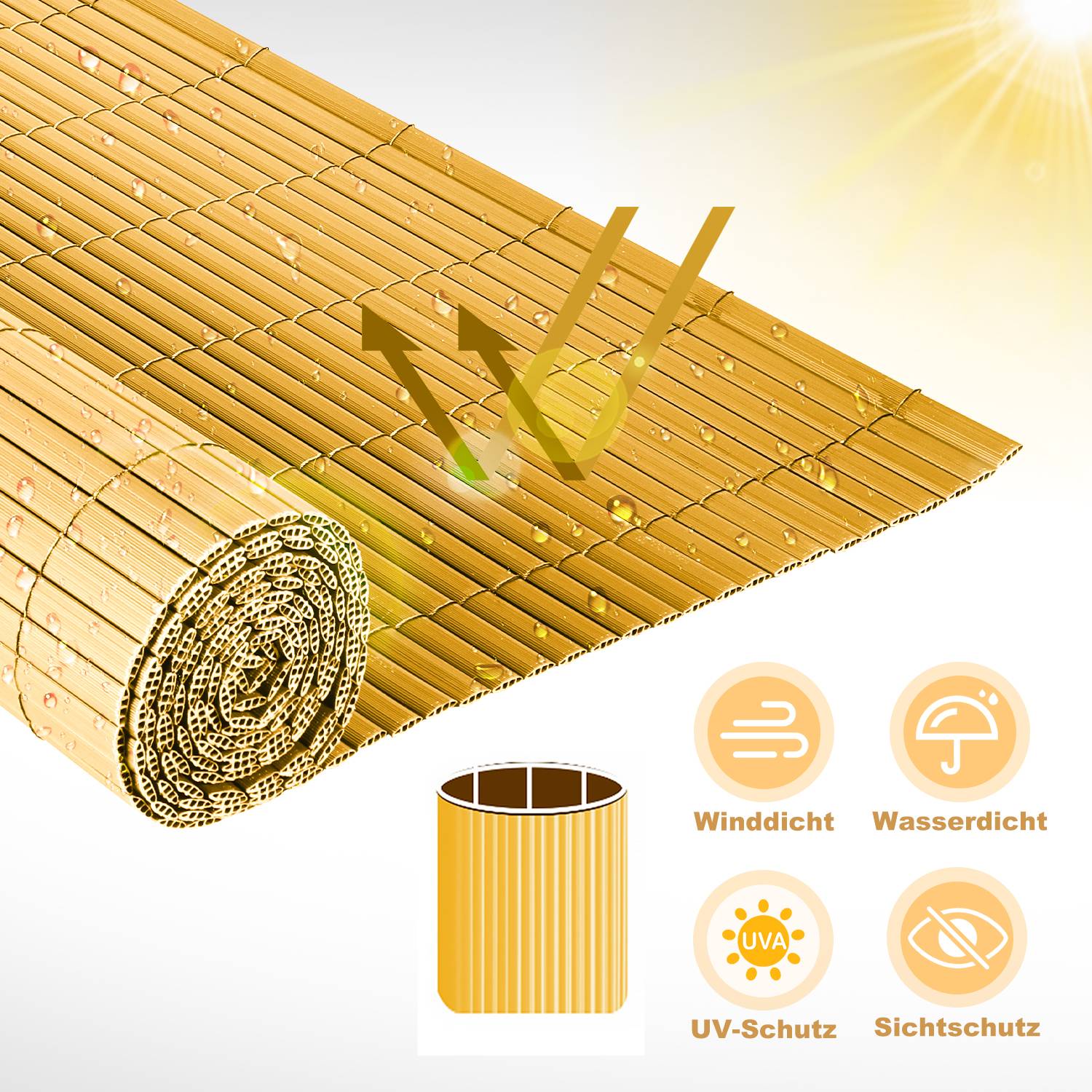 Sichtschutzmatte PVC Sichtschutzzaun Windschutz fur Garten Balkon und Terrasse, Bambus 1,4 x 3m