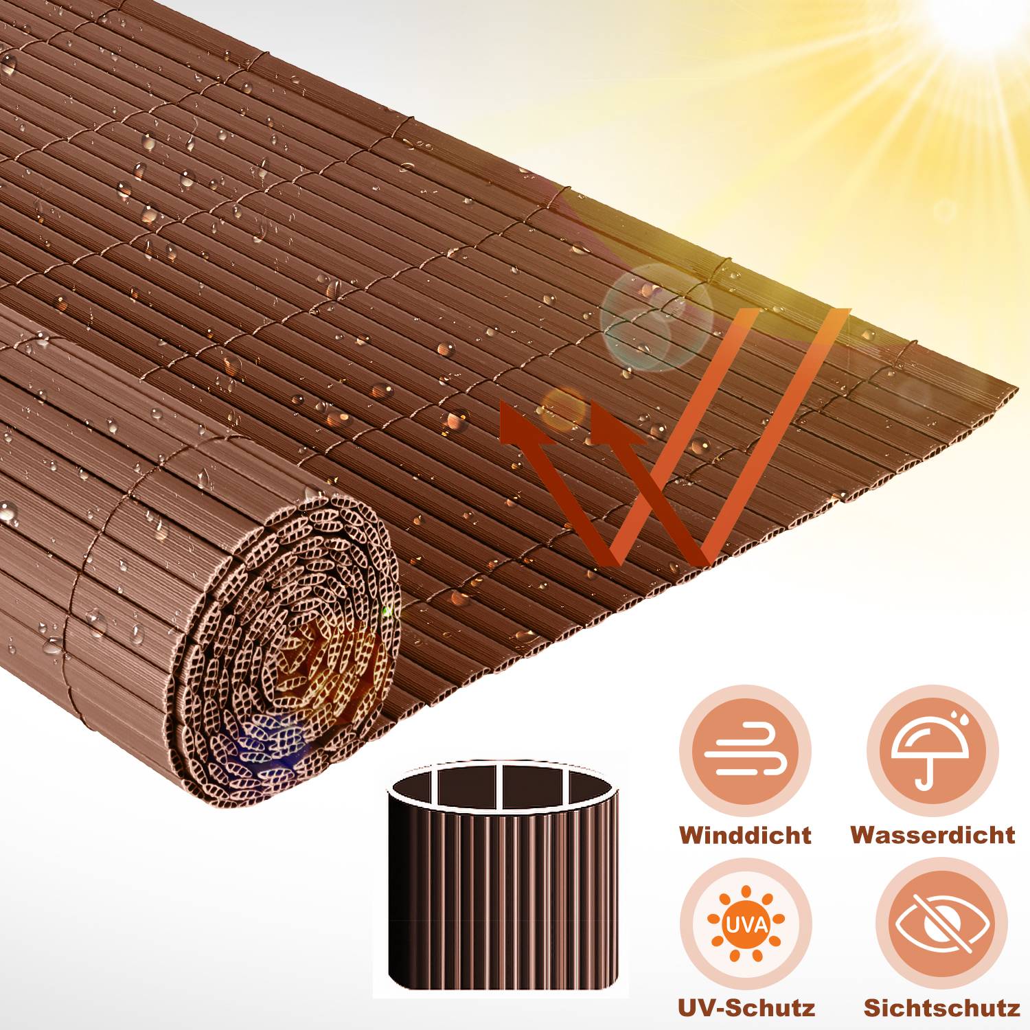 Sichtschutzmatte PVC Sichtschutzzaun Windschutz fur Garten Balkon und Terrasse, Braun 1,6 x 5m