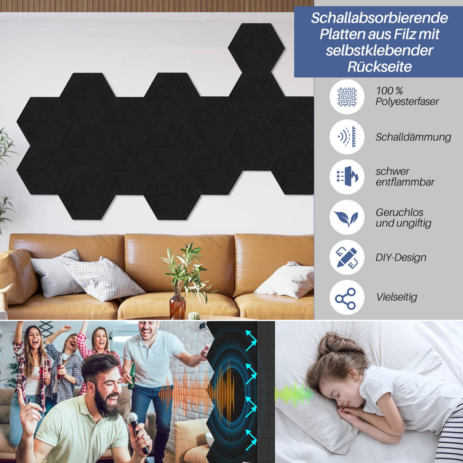 18 stuks Akustikplatten Hexagonal selbstklebend Schallschutz Akustikpaneele Hohe Dichte Wandpaneel Schwarz
