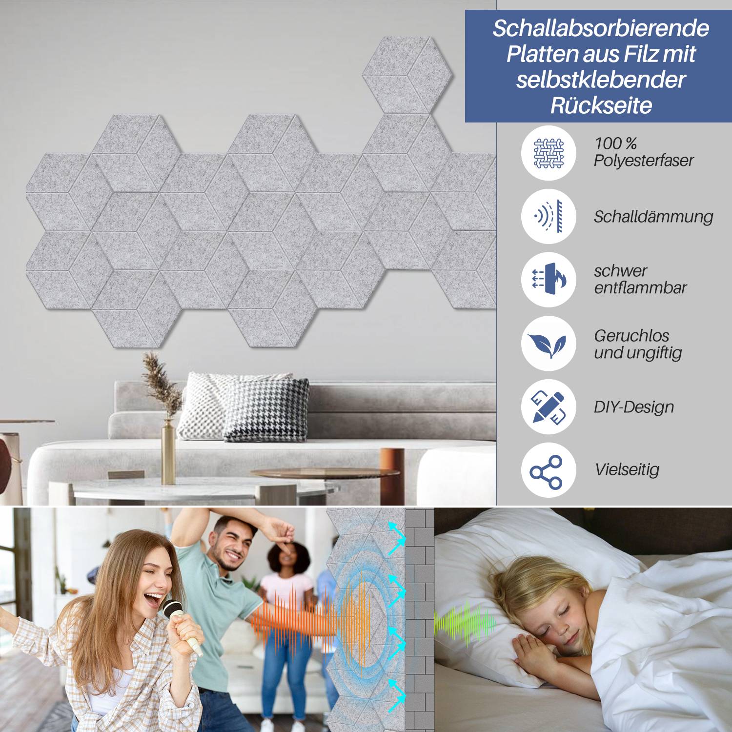 12 stuks Akustikplatten Hexagonal selbstklebend Schallschutz Akustikpaneele Hohe Dichte Wandpaneel Hellgrau