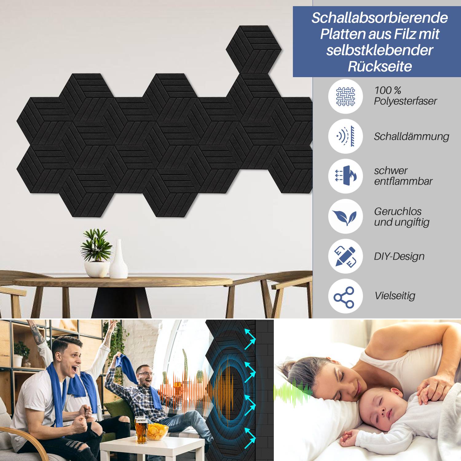 18 stuks Akustikplatten Hexagonal gestreift selbstklebend Schallschutzplatten Hohe Dichte Wandpaneel Schwarz