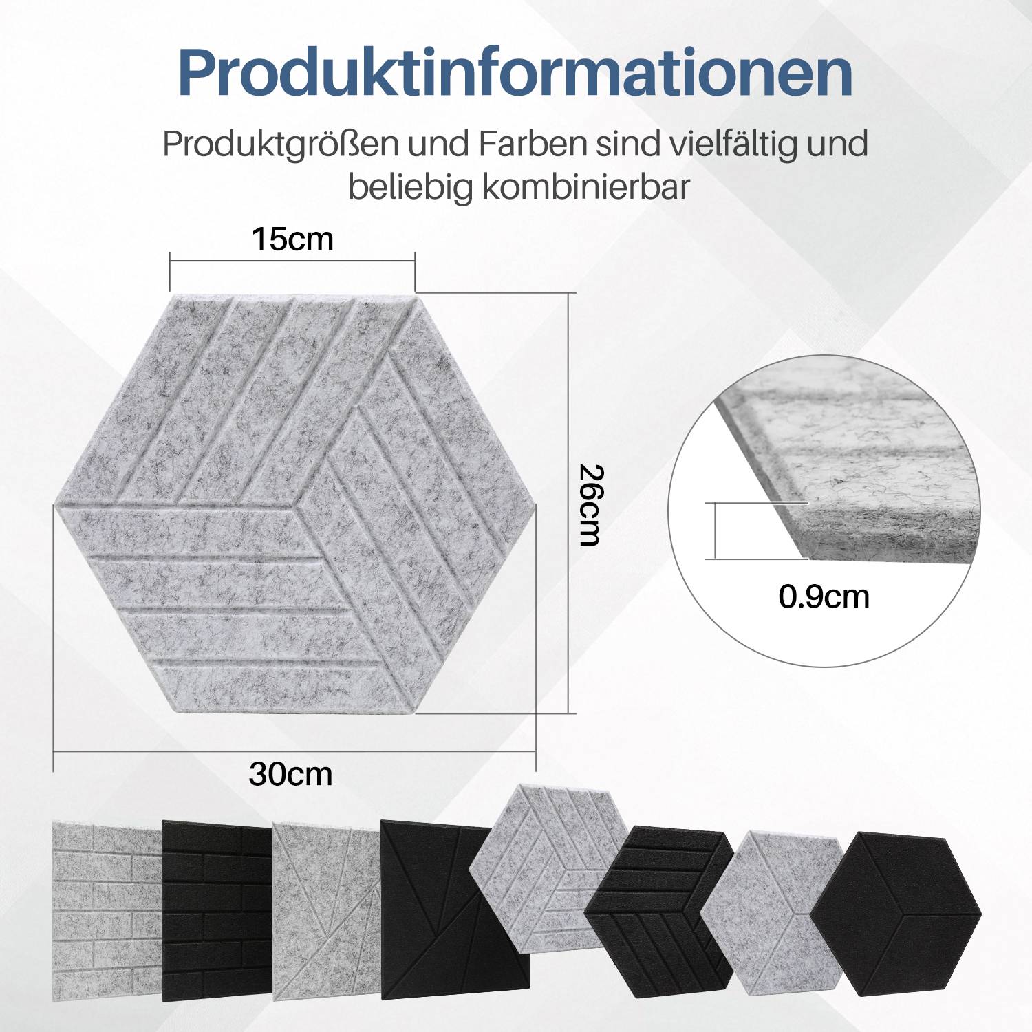 12 stuks Akustikplatten Hexagonal gestreift selbstklebend Schallschutz Akustikpaneele Hohe Dichte Wandpaneel Hellgrau