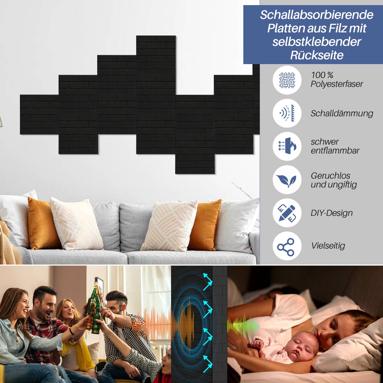 12 stuks Akustikplatten Quadratisch Kacheln selbstklebend Schallschutz Akustikpaneele Hohe Dichte Wandpaneel Schwarz