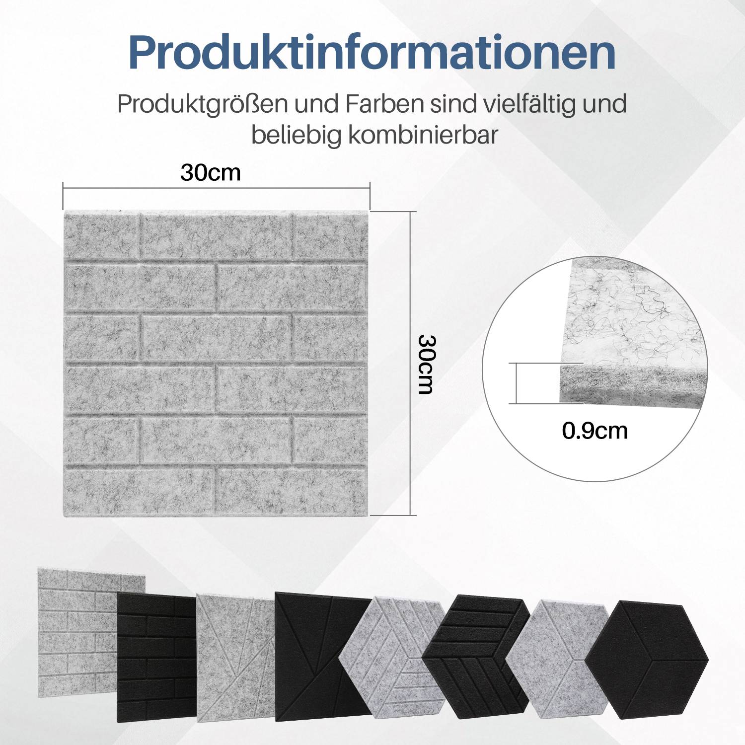12 stuks Akustikplatten Quadratisch Kacheln selbstklebend Schallschutz Akustikpaneele Hohe Dichte Wandpaneel Hellgrau