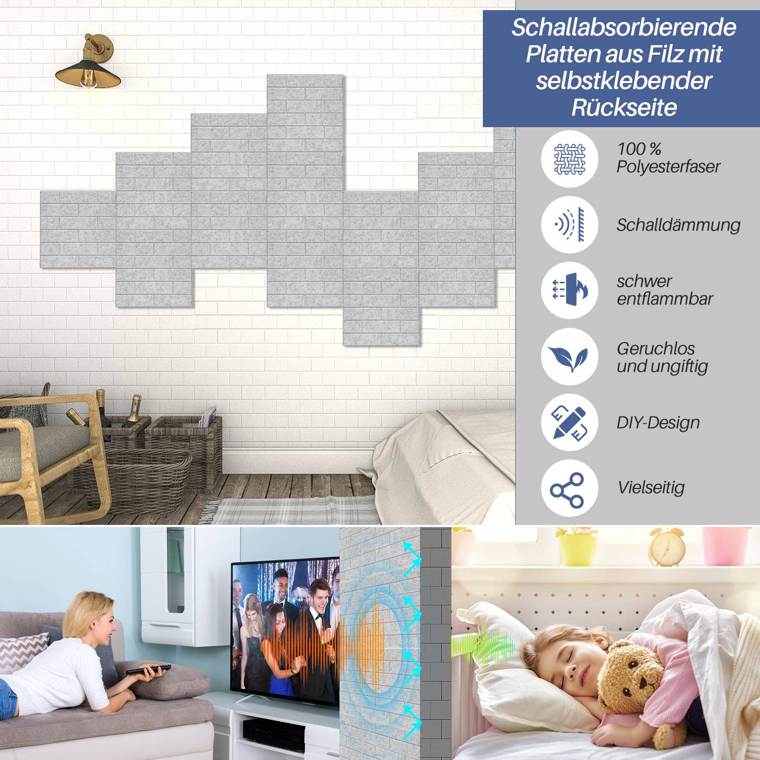 18 stuks Akustikplatten Quadratisch Kacheln selbstklebend Schallschutz Akustikpaneele Hohe Dichte Wandpaneel Hellgrau