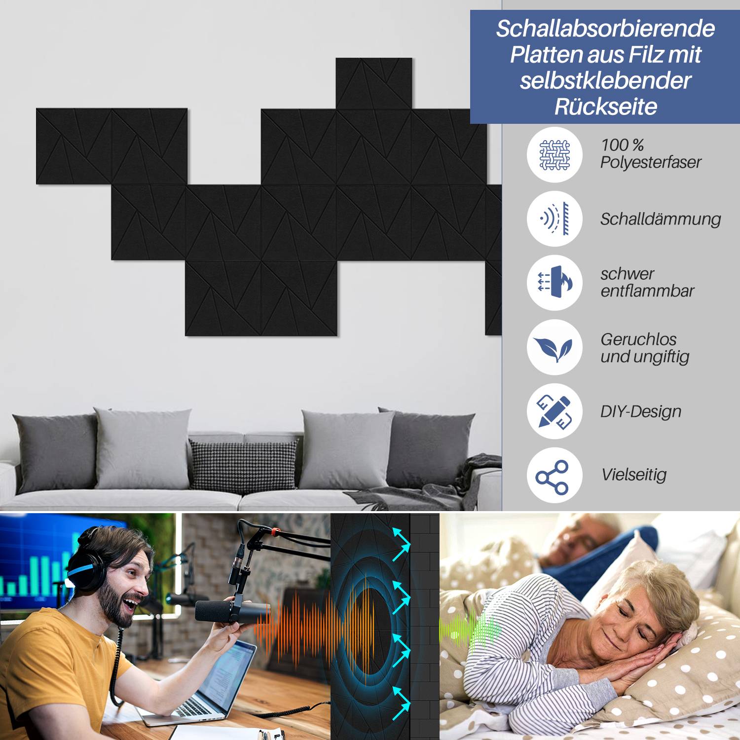 12 stuks Akustikplatten Quadratisch Dreieck selbstklebend Schallschutz Akustikpaneele Hohe Dichte Wandpaneel Schwarz