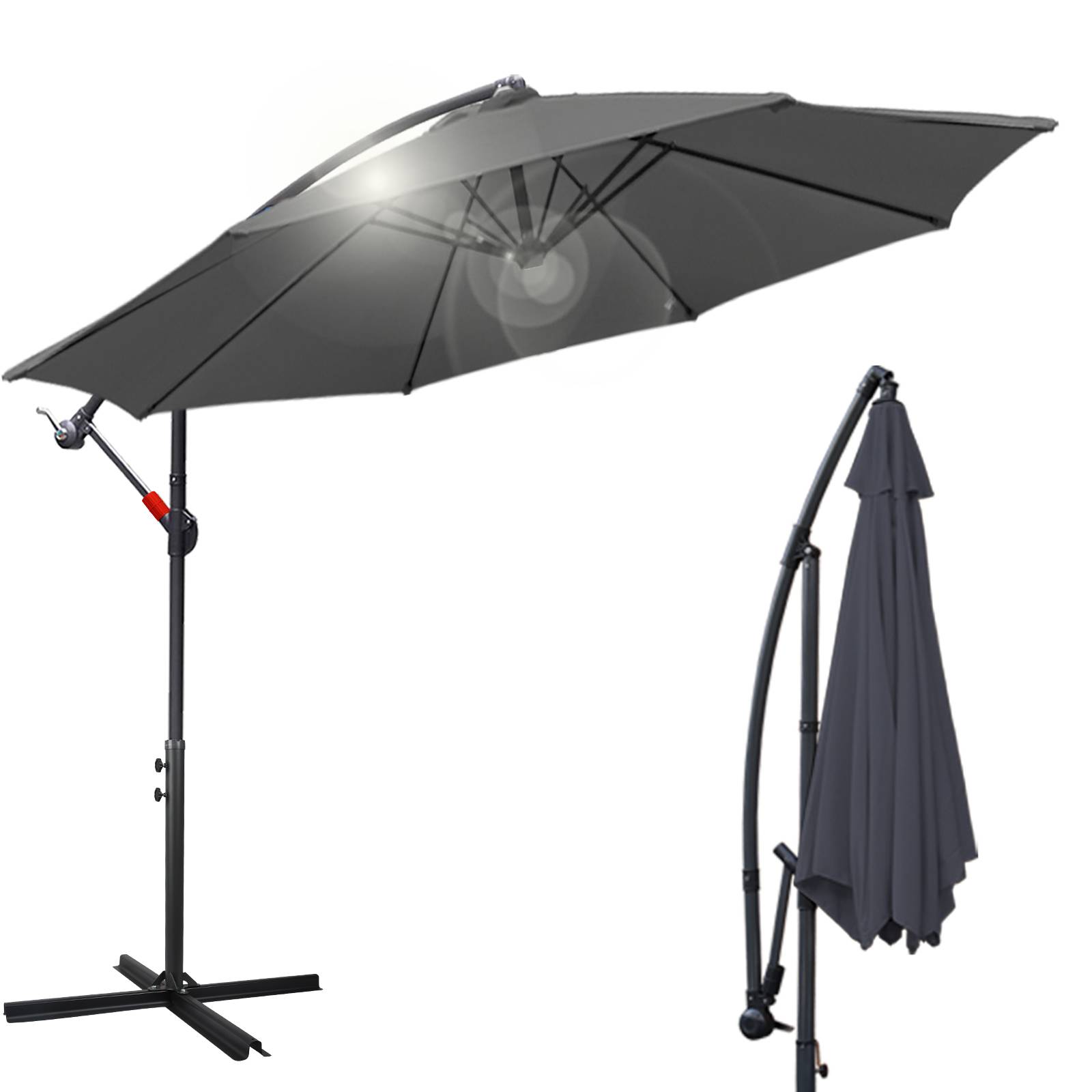 360° drehbare Ampelschirm Ø3.5m Sonnenschirm mit Kurbelschirm UV40+ Gartenschirm Marktschirm Grau