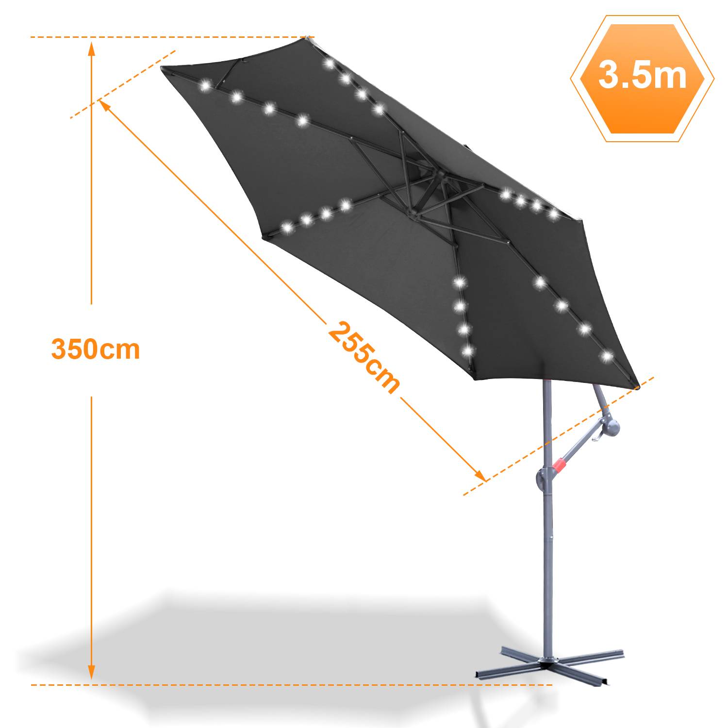 Sonnenschirm Ampelschirm 350 cm mit LED, UV-Schutz, Kurbel -Grau
