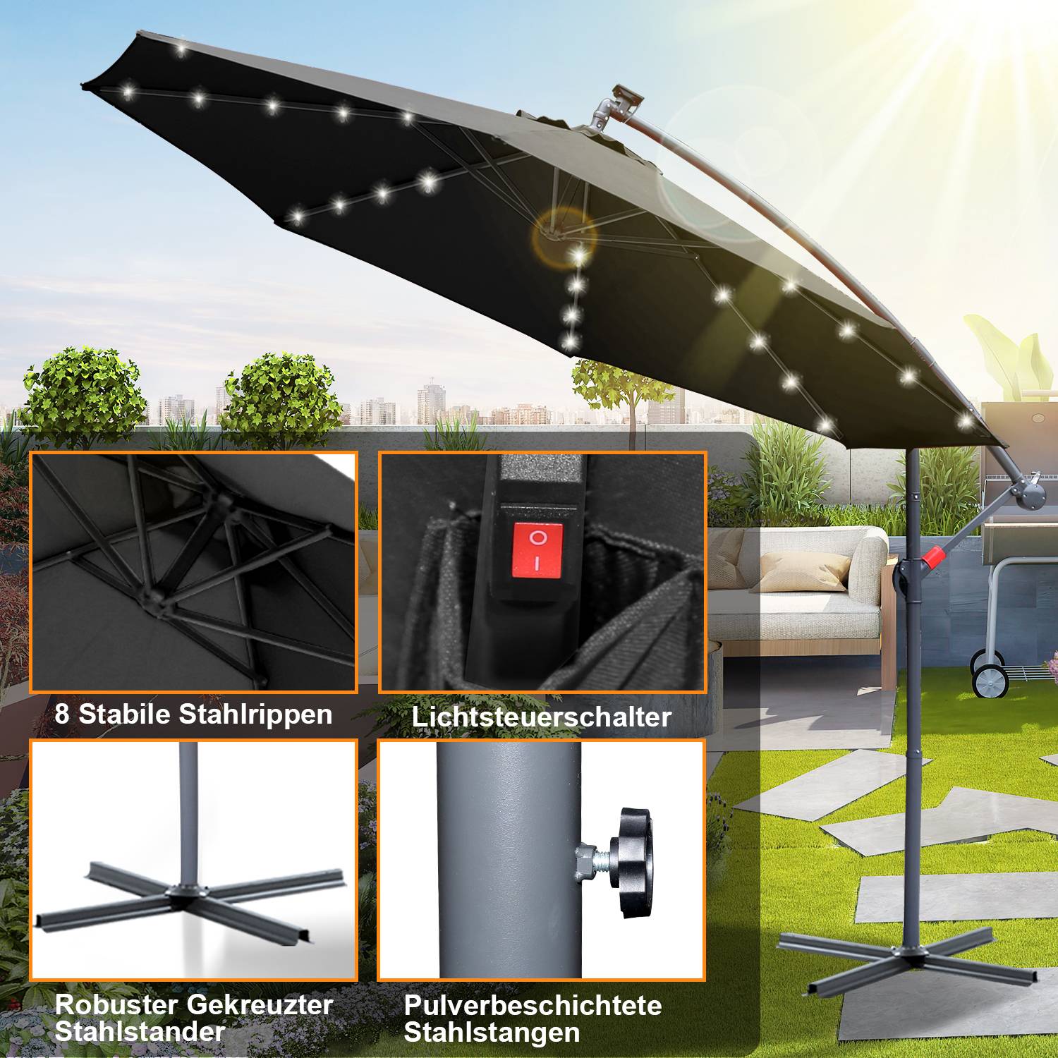 Sonnenschirm Ampelschirm 300 cm mit LED, UV-Schutz, Kurbel -Grau Gartenschirm Marktschirm Kurbel Balkon