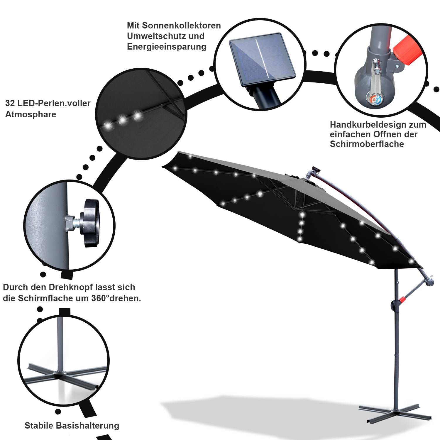 Sonnenschirm Ampelschirm 350 cm mit LED, UV-Schutz, Kurbel -Grau