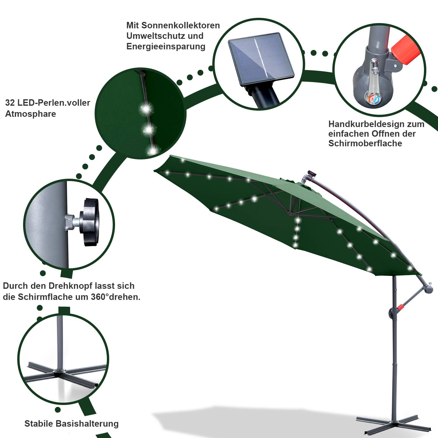 Sonnenschirm Ampelschirm 350 cm mit LED, UV-Schutz, Kurbel -Grün