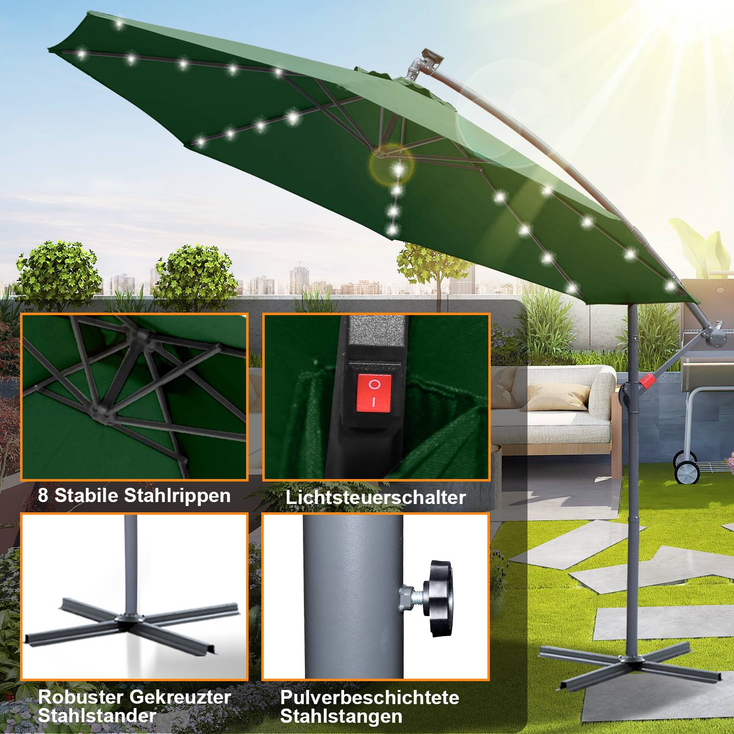 Sonnenschirm Ampelschirm 300 cm mit LED, UV-Schutz, Kurbel Gartenschirm Marktschirm Kurbel Balkon -Grün