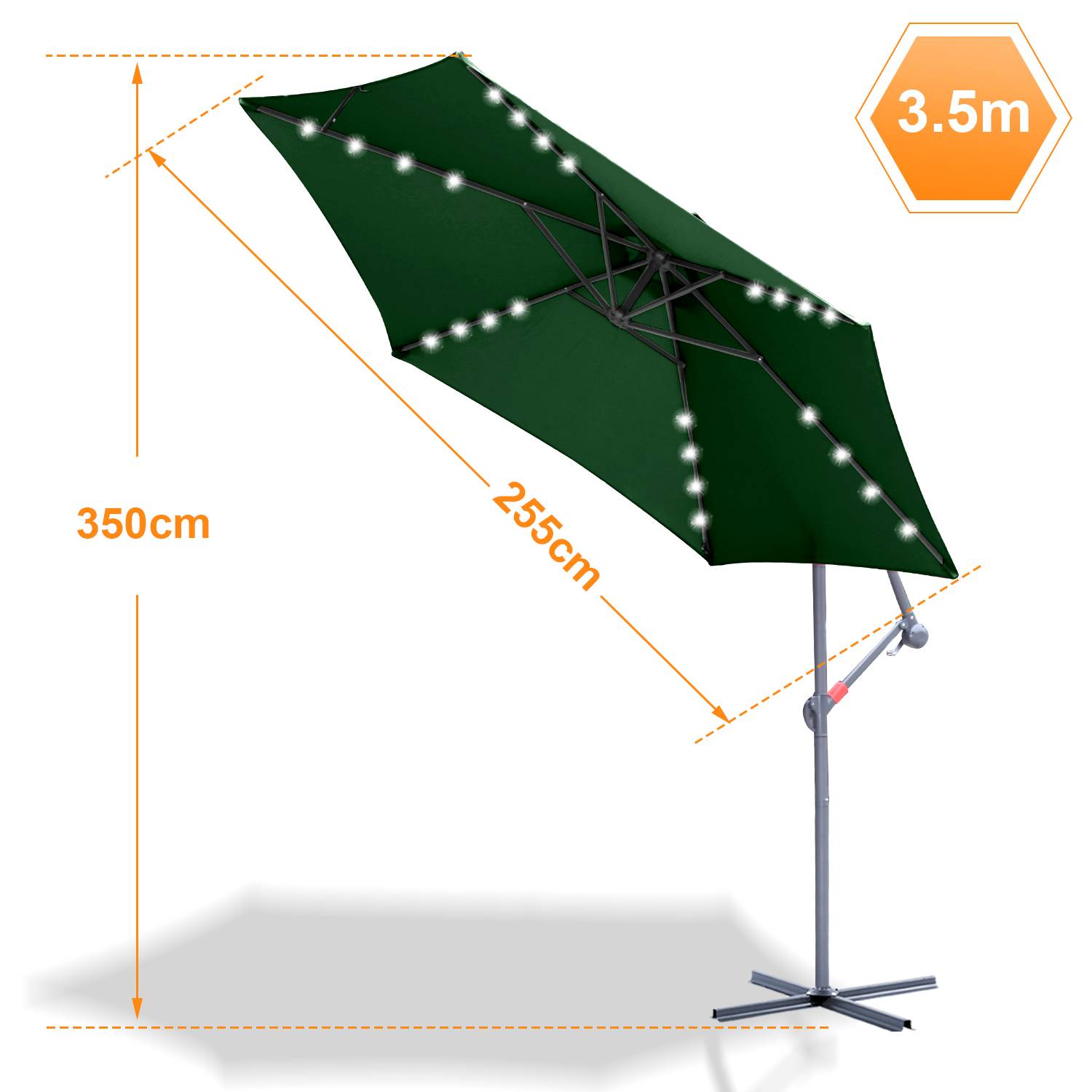 Sonnenschirm Ampelschirm 350 cm mit LED, UV-Schutz, Kurbel -Grün
