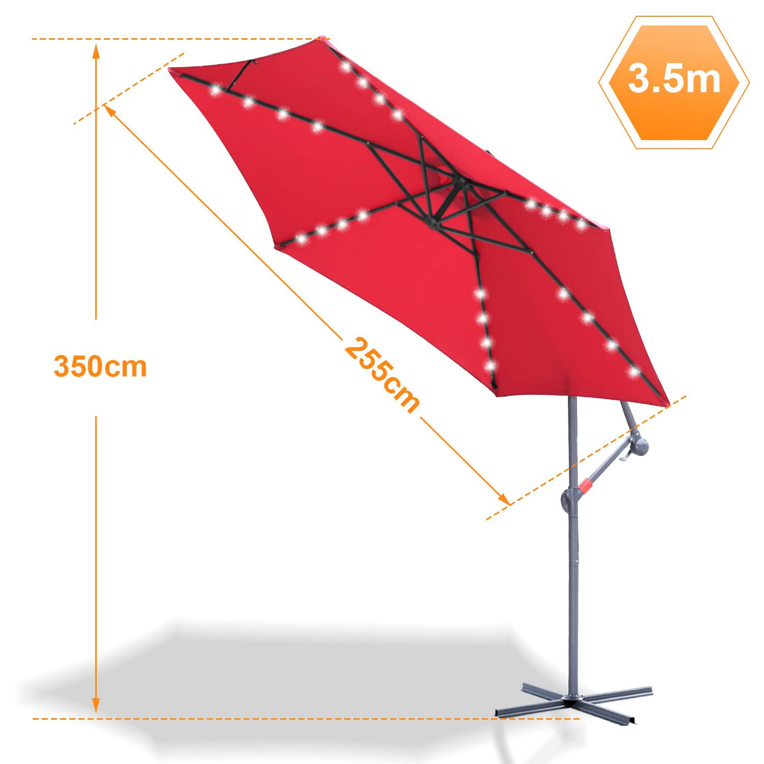 Rote Terrassen-Kragarmschirm mit LED-Lichtern, gezeigt mit Abmessungen von 3,5 m, 350 cm Höhe und 255 cm Baldachinklänge.