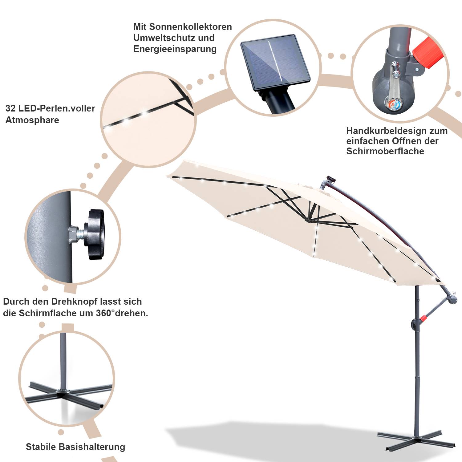 Sonnenschirm Ampelschirm 3.5 cm, UV-Schutz, Kurbel -Beige Gartenschirm Marktschirm Kurbel Balkon mit LED