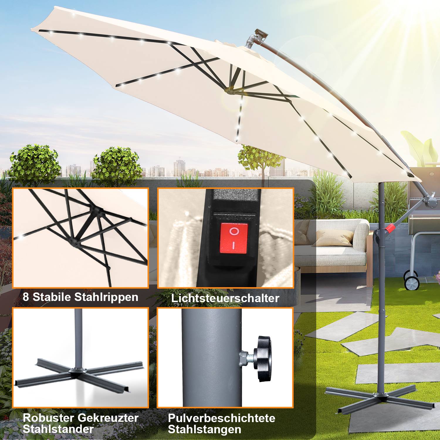 Sonnenschirm Ampelschirm 300 cm mit LED, Gartenschirm Marktschirm Kurbel Balkon UV-Schutz, Kurbel - Beige