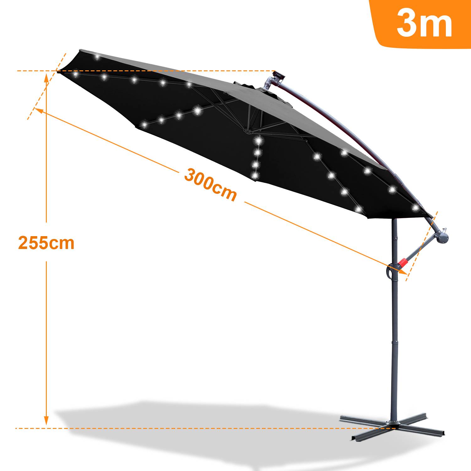 Sonnenschirm Ampelschirm 300 cm mit LED, UV-Schutz, Kurbel -Grau