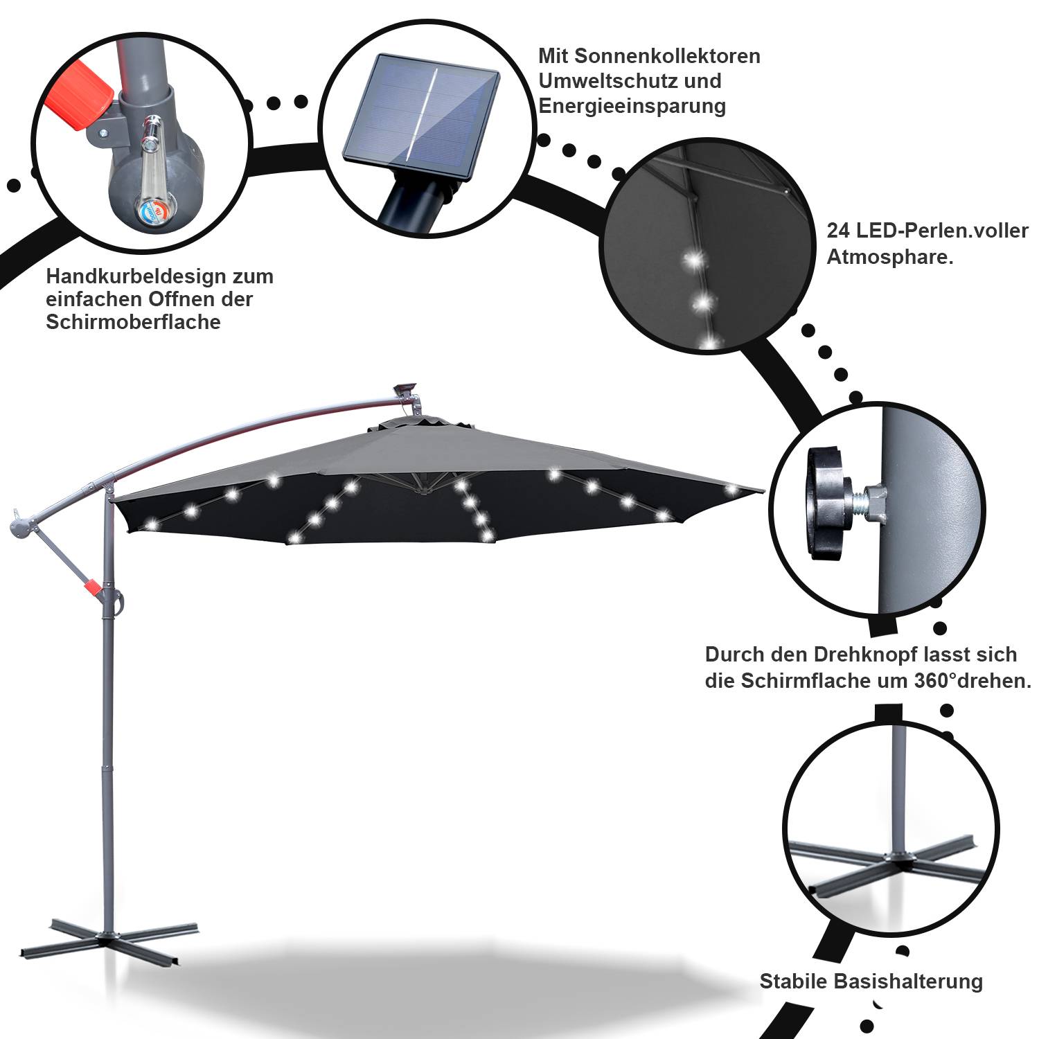 Sonnenschirm Ampelschirm 300 cm mit LED, UV-Schutz, Kurbel -Grau Gartenschirm Marktschirm Kurbel Balkon