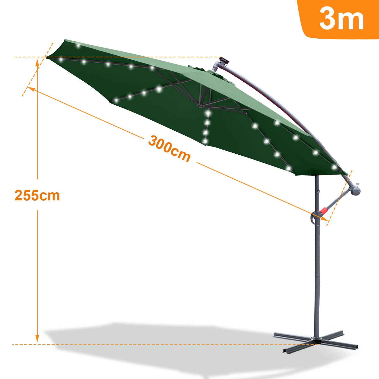 Sonnenschirm Ampelschirm 300 cm mit LED, UV-Schutz, Kurbel -Grün
