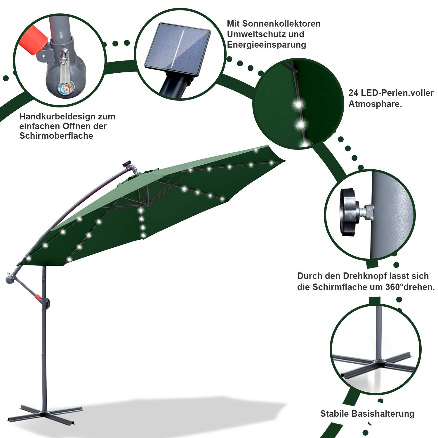 Sonnenschirm Ampelschirm 300 cm mit LED, UV-Schutz, Kurbel -Grün