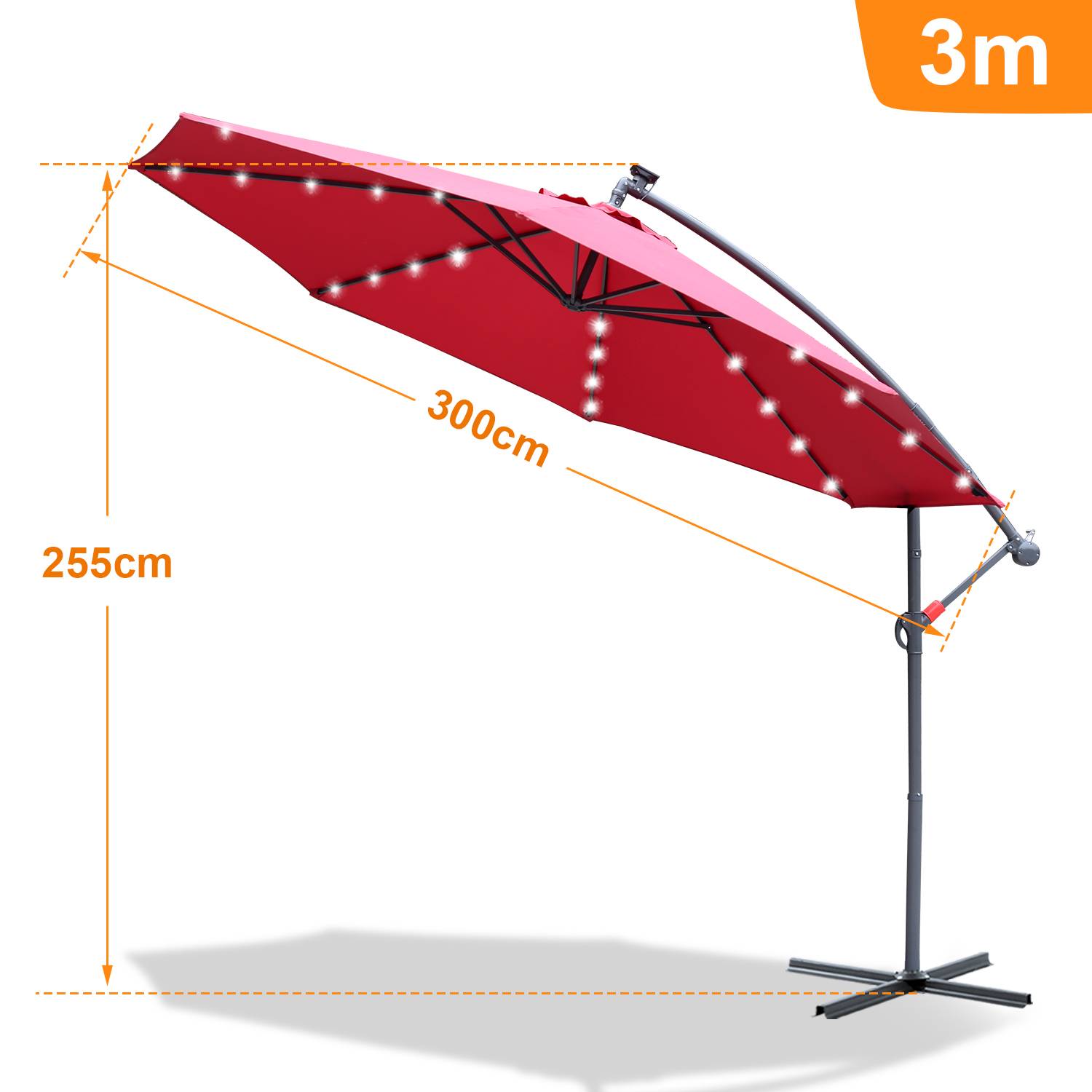 Sonnenschirm Ampelschirm 300 cm mit LED, Gartenschirm Marktschirm Kurbel Balkon UV-Schutz, Kurbel,Rot