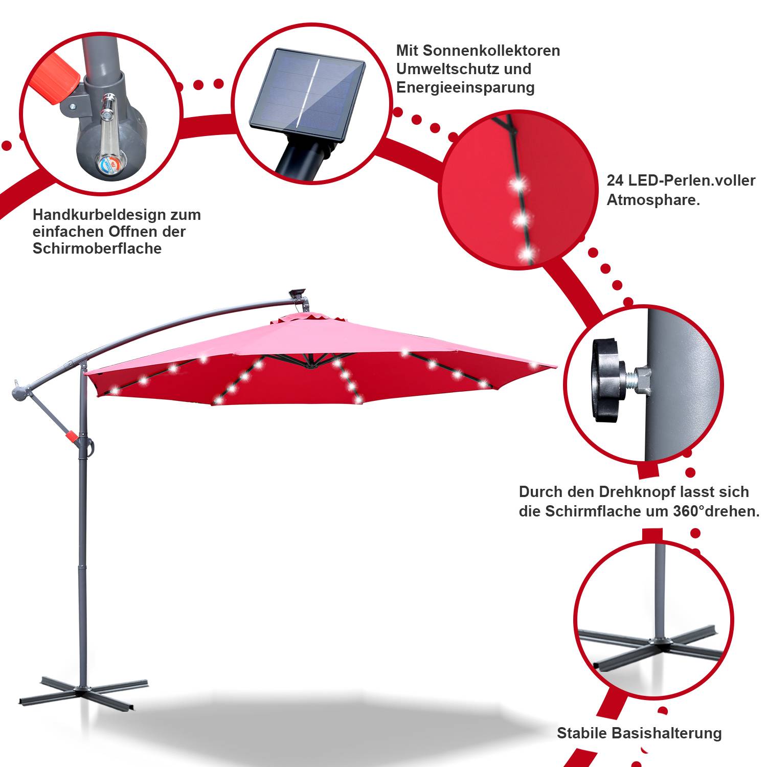Sonnenschirm Ampelschirm 300 cm mit LED, UV-Schutz, Kurbel -Rot