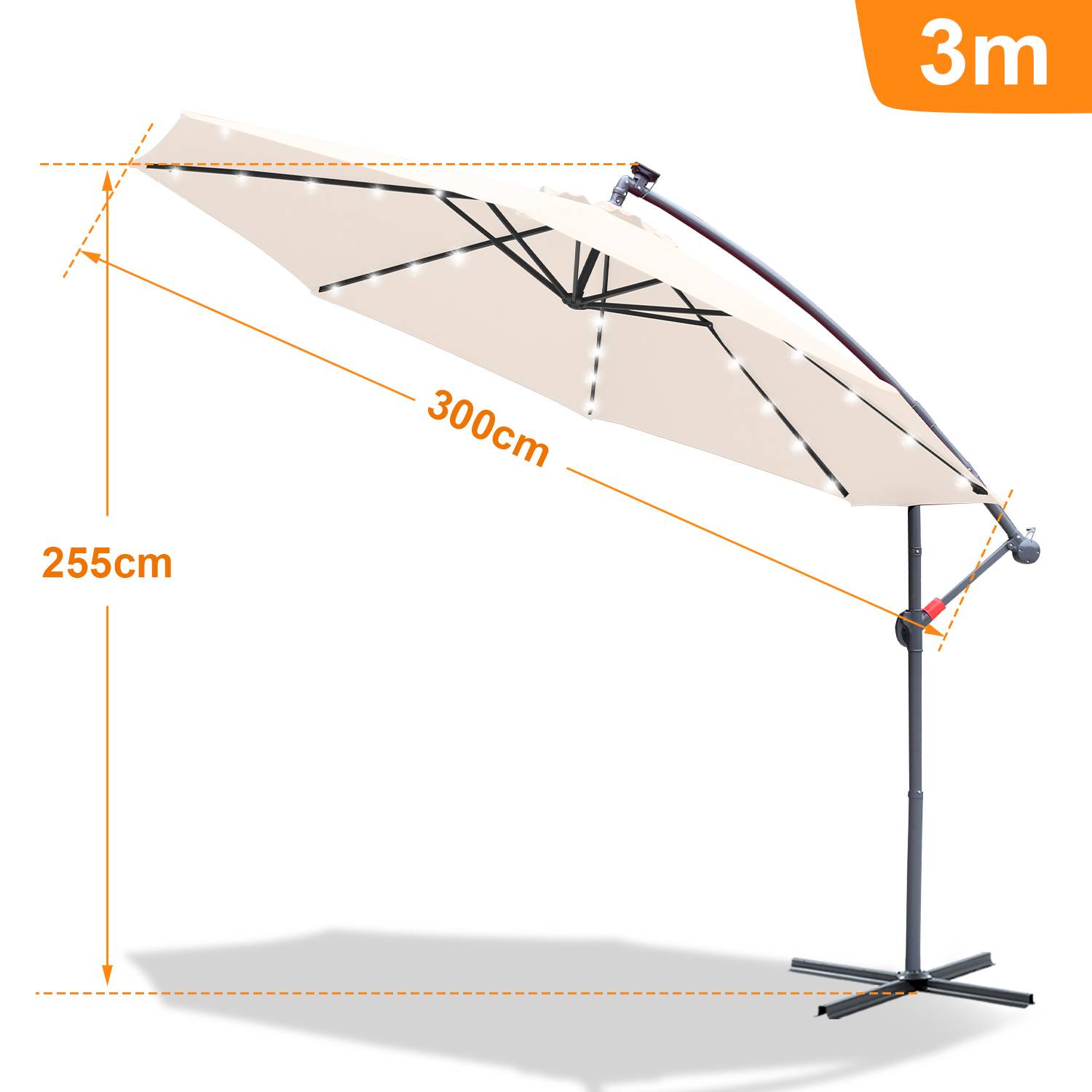 Sonnenschirm Ampelschirm 300 cm mit LED, Gartenschirm Marktschirm Kurbel Balkon UV-Schutz, Kurbel - Beige