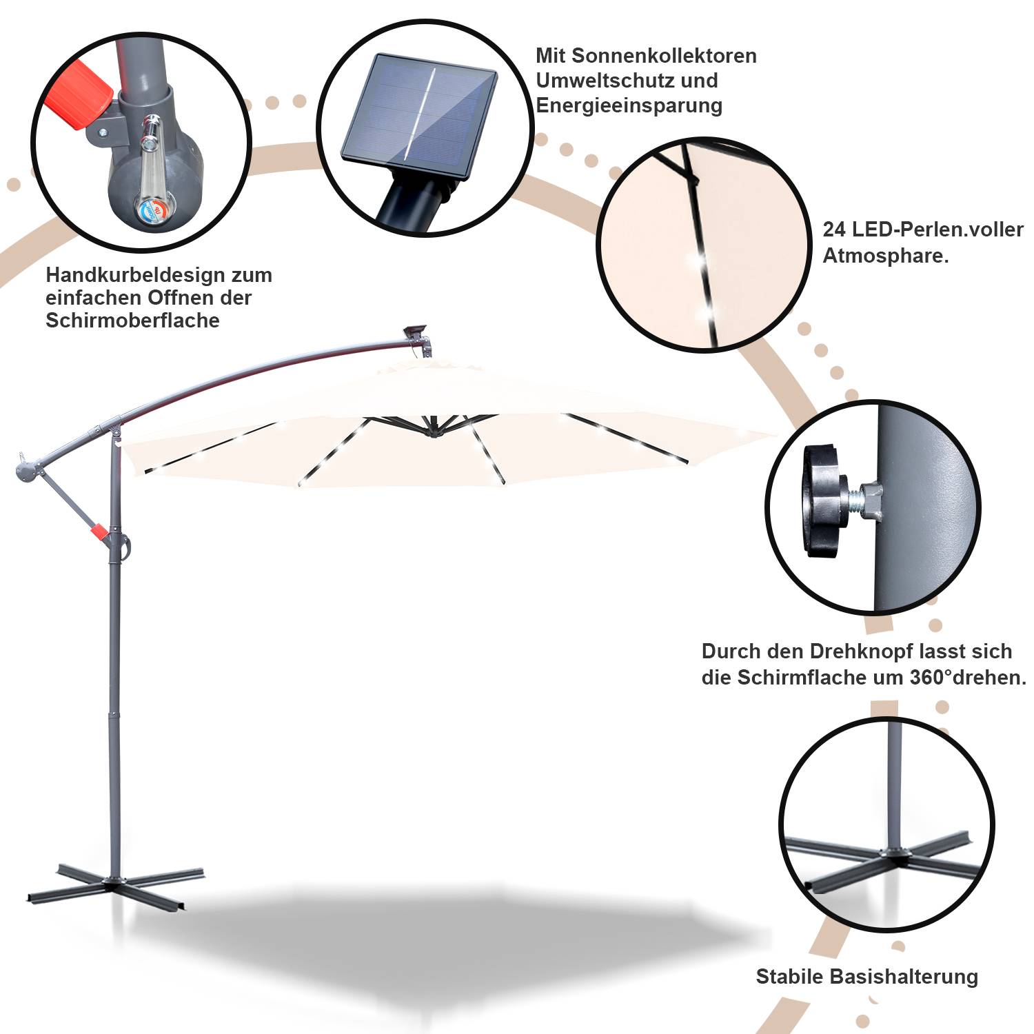 Sonnenschirm Ampelschirm 300 cm mit LED, UV-Schutz, Kurbel -Beige