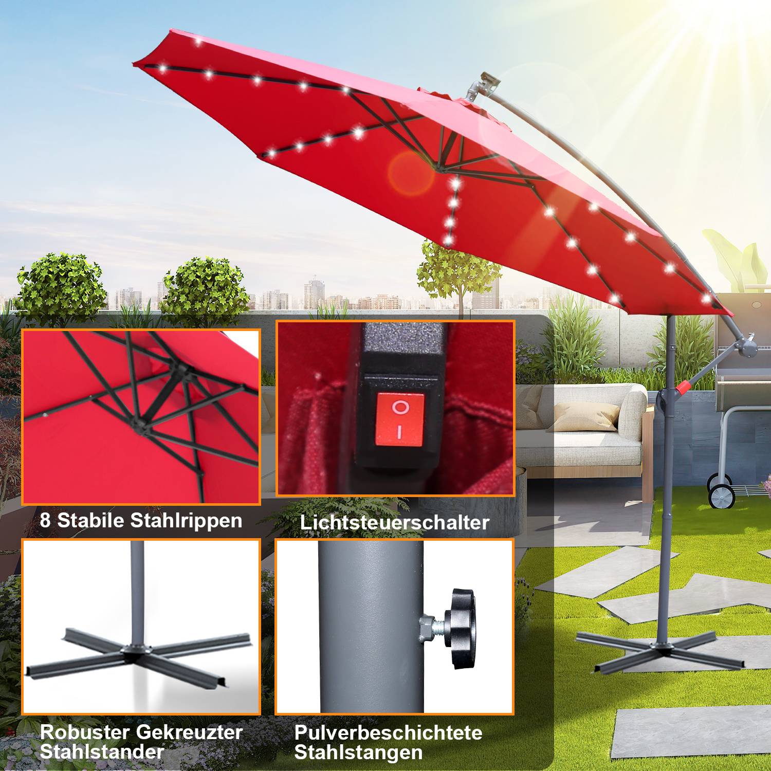 Roter Terrassenschirm mit integrierten Lichterketten und Kippstange, gezeigt auf einer Terrasse. Ausschnitte heben Stahlrippen, Lichtschalter, Kreuzbasis und pulverbeschichtete Stützstangen hervor.
