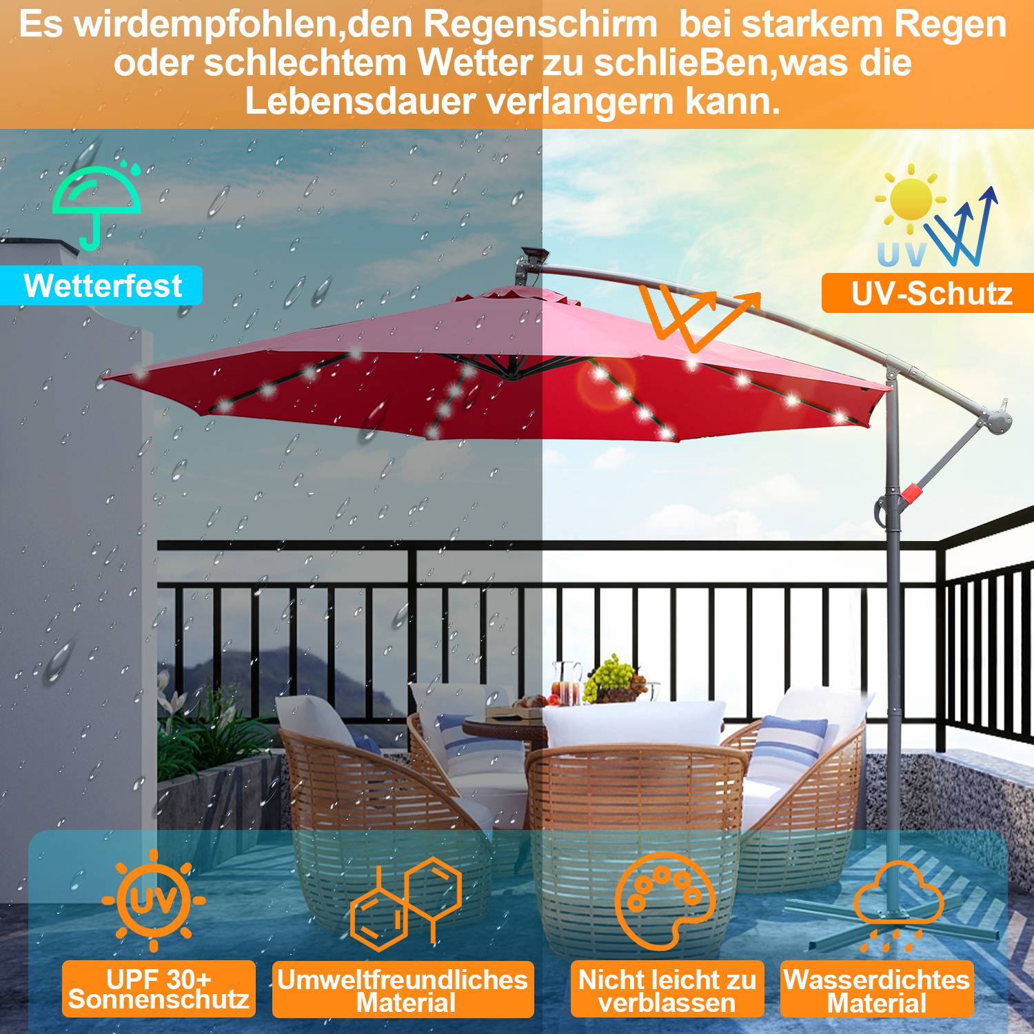 Sonnenschirm Ampelschirm 300 cm mit LED, Gartenschirm Marktschirm Kurbel Balkon UV-Schutz, Kurbel,Rot