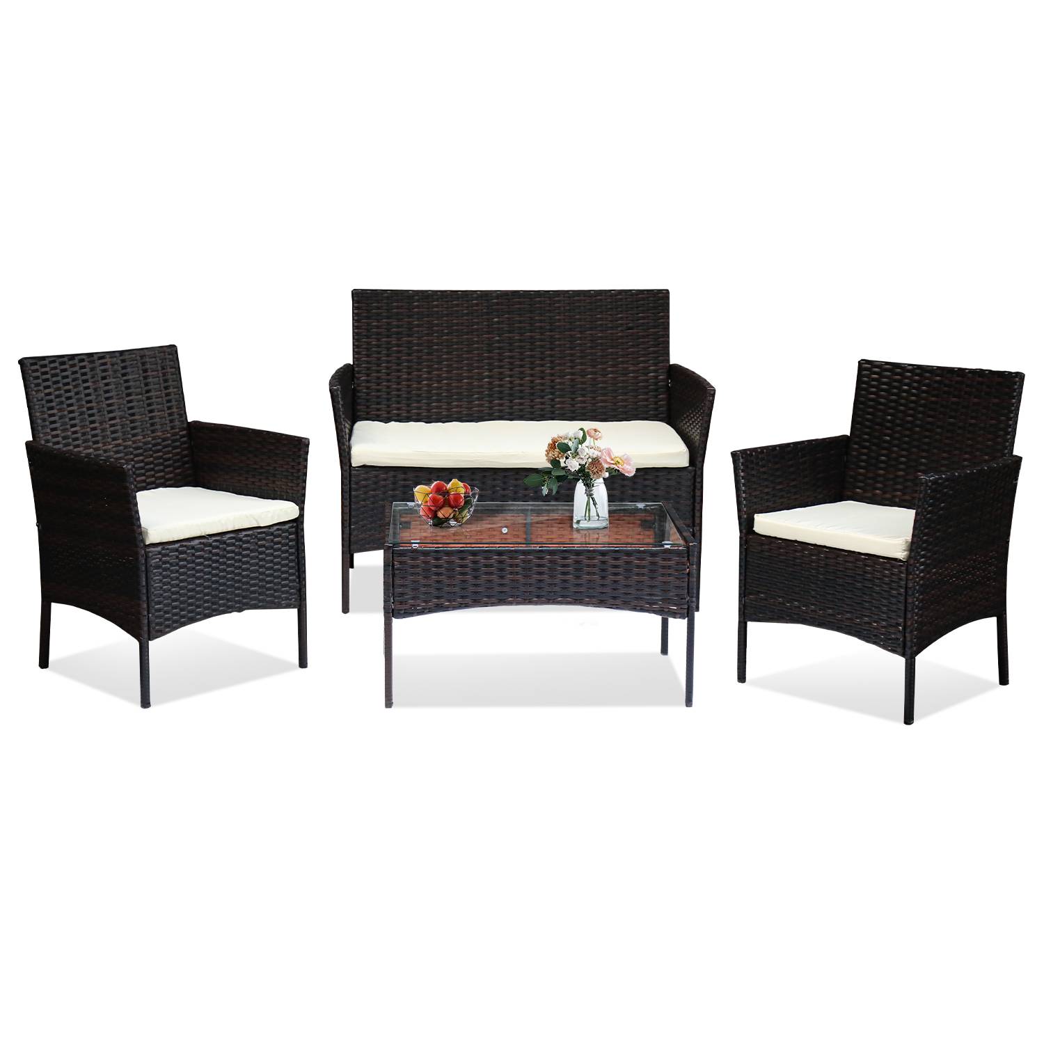 4-teiliges Gartenmöbel Set, Balkonmöbel mit Kissen, Polyrattan Balkonset mit Sessel und Tisch, Sitzgruppe Terrassenmöbel Rattanmöbel für Balkon,