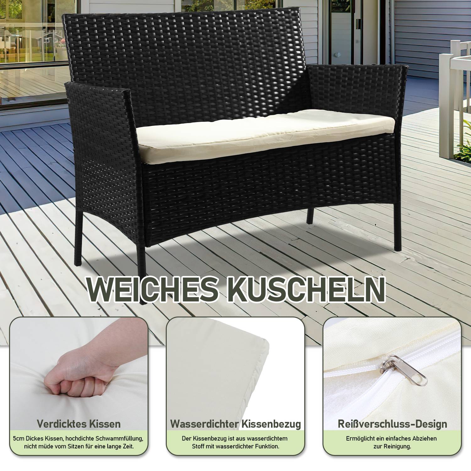 4-teiliges Gartenmöbel Set, Balkonmöbel mit Kissen, Polyrattan Balkonset mit Sessel und Tisch, Sitzgruppe Terrassenmöbel Rattanmöbel für Balkon,