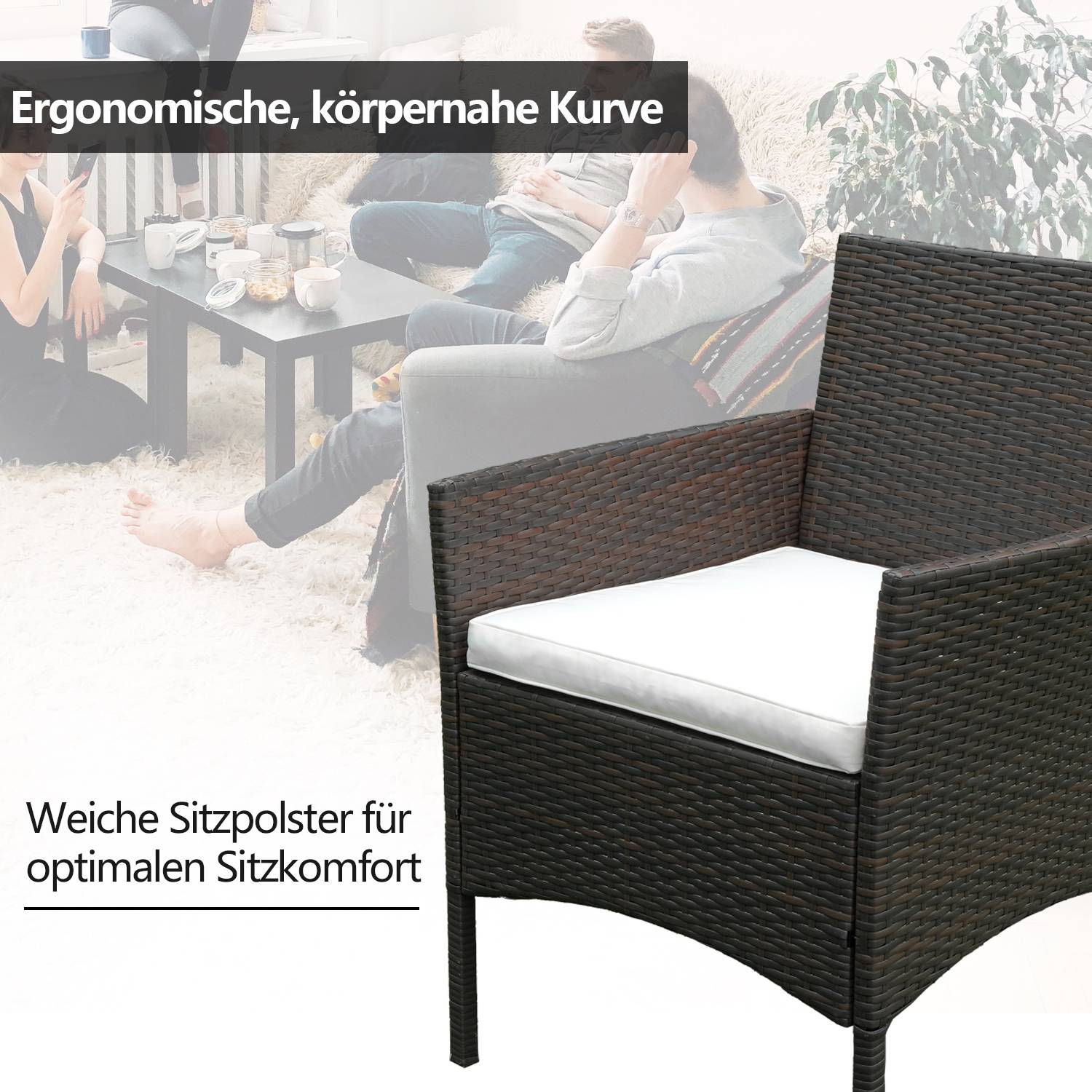 4-teiliges Gartenmöbel Set, Balkonmöbel mit Kissen, Polyrattan Balkonset mit Sessel und Tisch, Sitzgruppe Terrassenmöbel Rattanmöbel für Balkon,