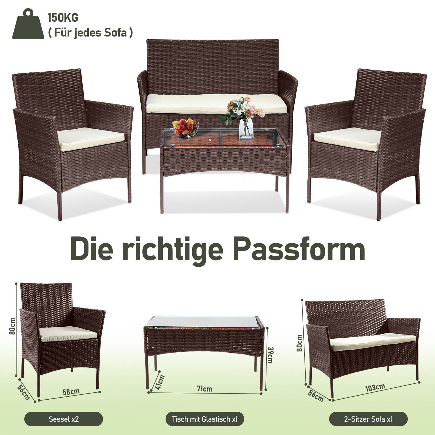 4-teiliges Gartenmöbel Set, Balkonmöbel mit Kissen, Polyrattan Balkonset mit Sessel und Tisch, Sitzgruppe Terrassenmöbel Rattanmöbel für Balkon,