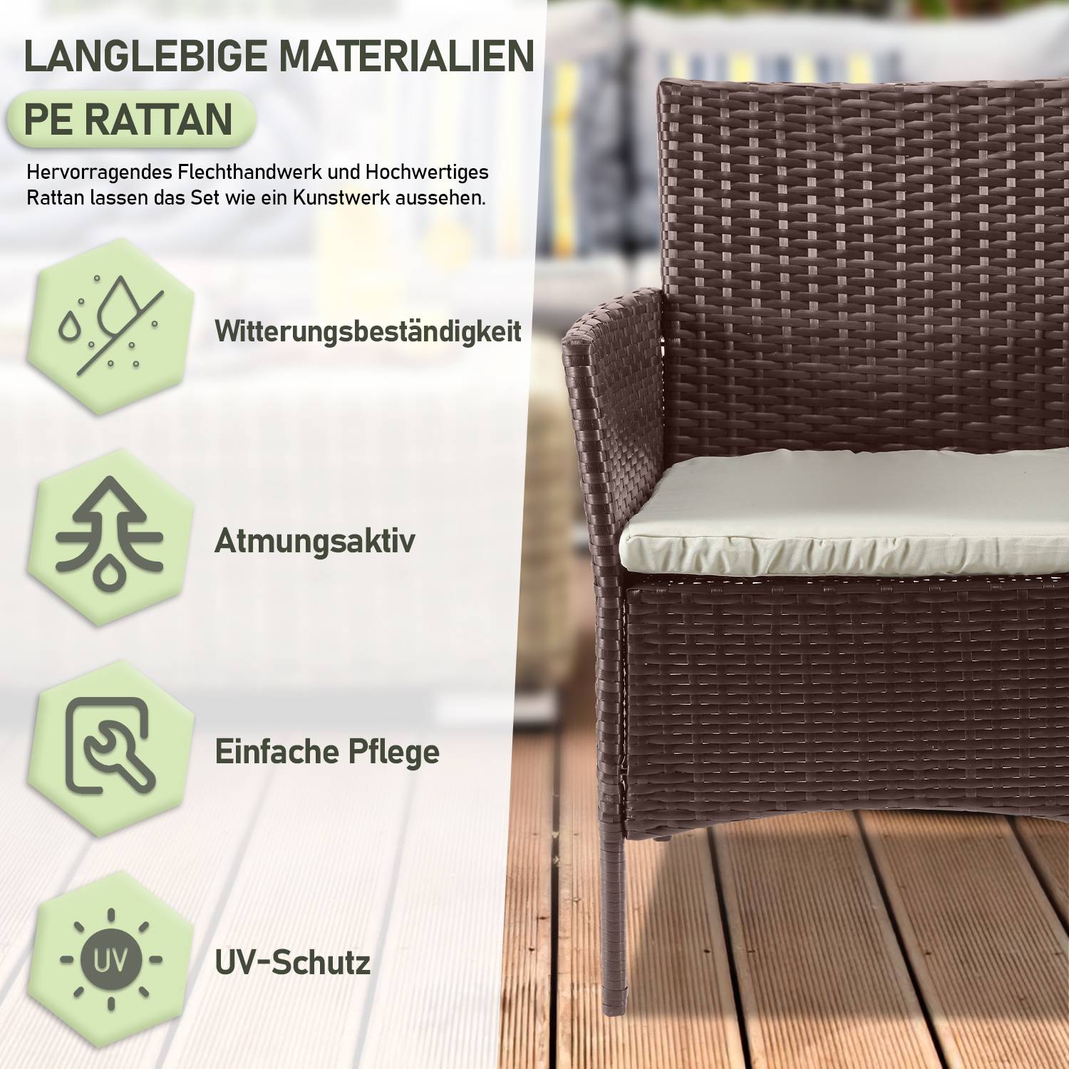4-teiliges Gartenmöbel Set, Balkonmöbel mit Kissen, Polyrattan Balkonset mit Sessel und Tisch, Sitzgruppe Terrassenmöbel Rattanmöbel für Balkon,