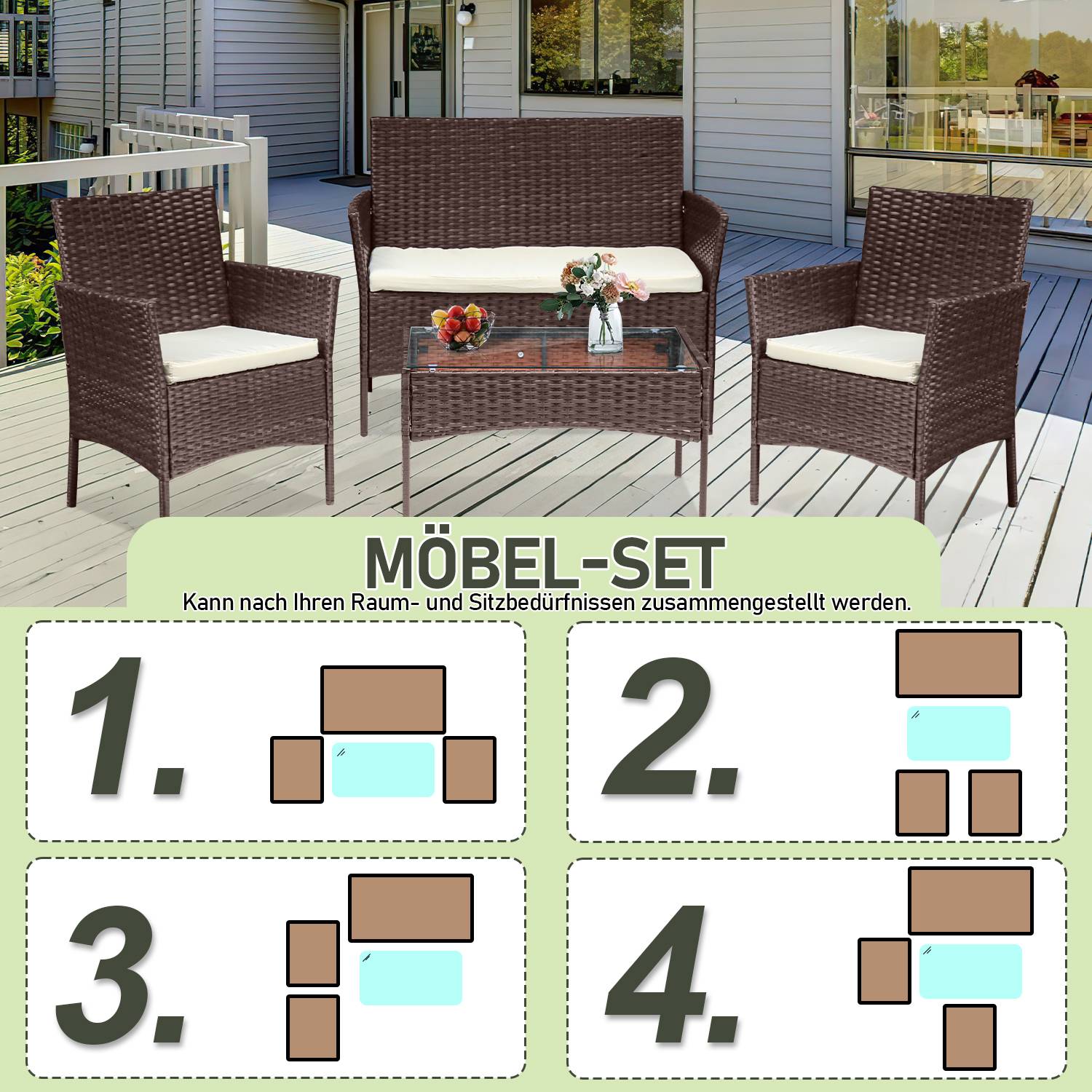 4-teiliges Gartenmöbel Set, Balkonmöbel mit Kissen, Polyrattan Balkonset mit Sessel und Tisch, Sitzgruppe Terrassenmöbel Rattanmöbel für Balkon,