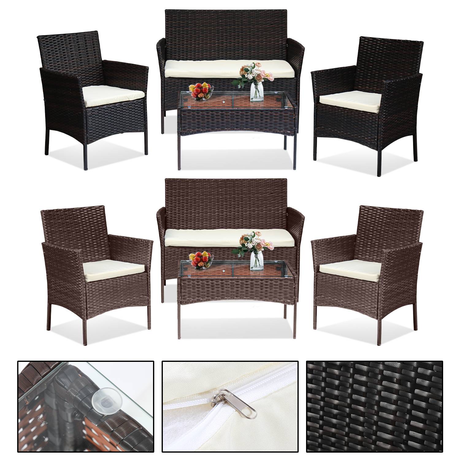 Gartenmöbel Set, Balkonmöbel mit Kissen, Polyrattan Balkonset mit Sessel und Tisch, Sitzgruppe Terrassenmöbel Rattanmöbel für Balkon,Schwarz, Gar