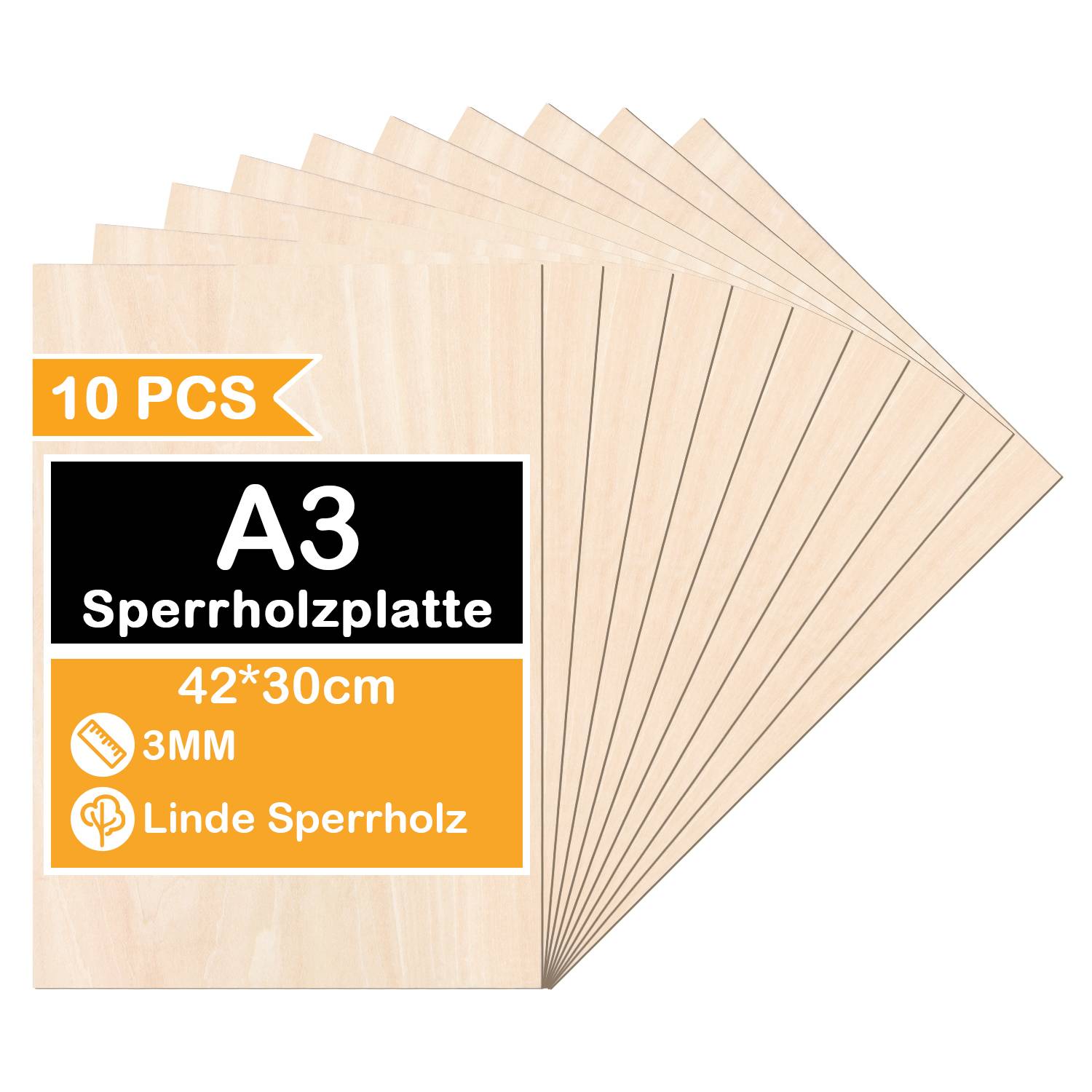 10 x A3 Holz-Platte | 420 x 300 x 3 mm | Dünne Sperrholz-Zuschnitte | Perfektes Blatt für Laubsäge, Brandmalerei, Laserschnitt, Durchbrochenes, CNC