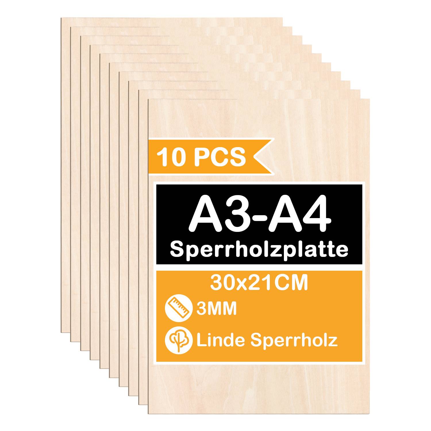 Stapel aus 10 hellhölzernen Sperrholzplatten mit der Bezeichnung „A3-A4 Sperrholzplatte