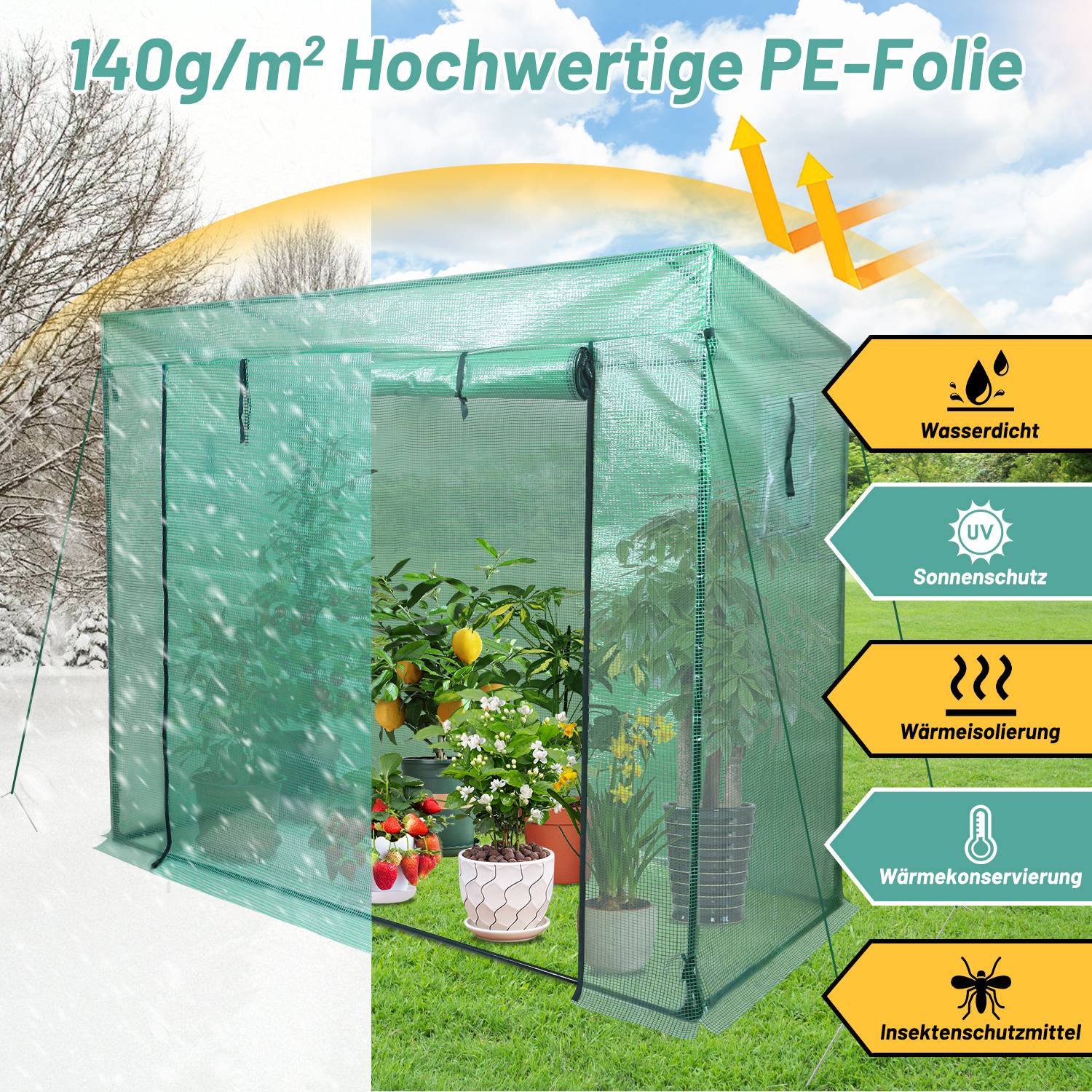 Foliengewächshaus 140 g/m2, PE halbtransparent, wasserdicht wetterfest,grün, 200x80x150/169cm