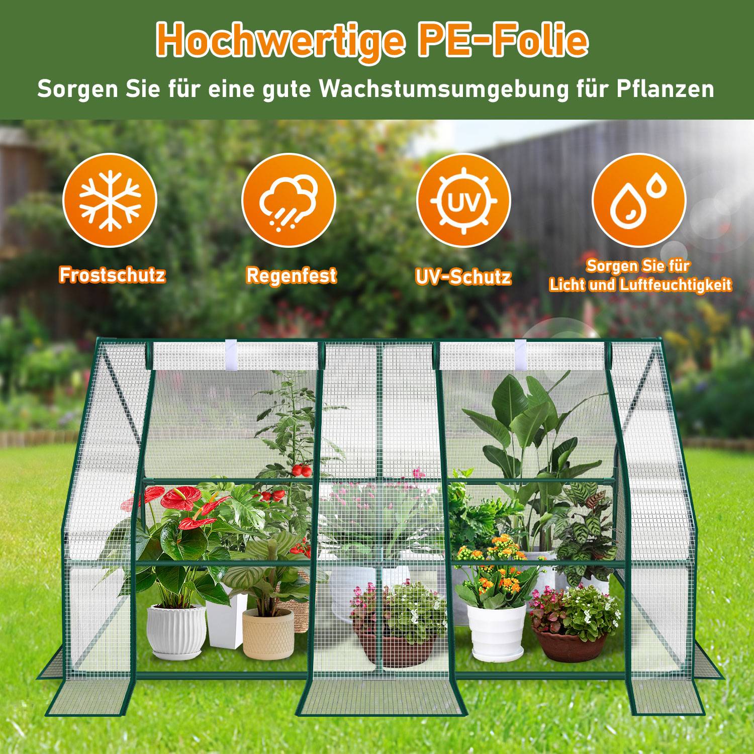 Gewächshaus 180x90x90cm Foliengewächshaus für draußen Treibhaus mit Reißverschluss und 2 Fenstern weiß