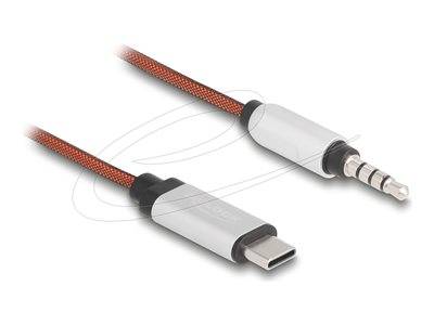 Ein geflochtenes Kabel, das einen USB-C und eine 3,5-mm-Audiobuchse verbindet, zeigt dessen Verwendung zur Audioübertragung zwischen verschiedenen Geräten.