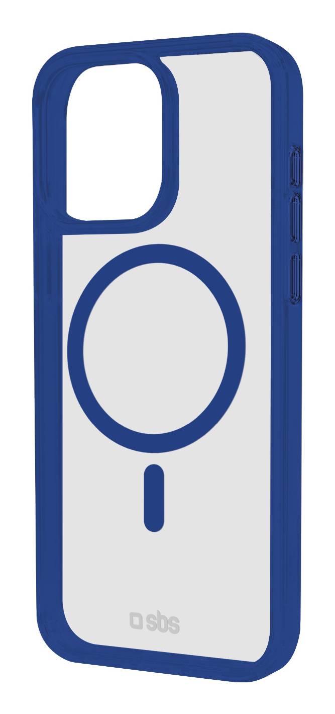 Blaue Smartphone-Hülle mit großem rundem Ausschnitt und kleiner Öffnung am unteren Ende, auf weißem Hintergrund gezeigt.