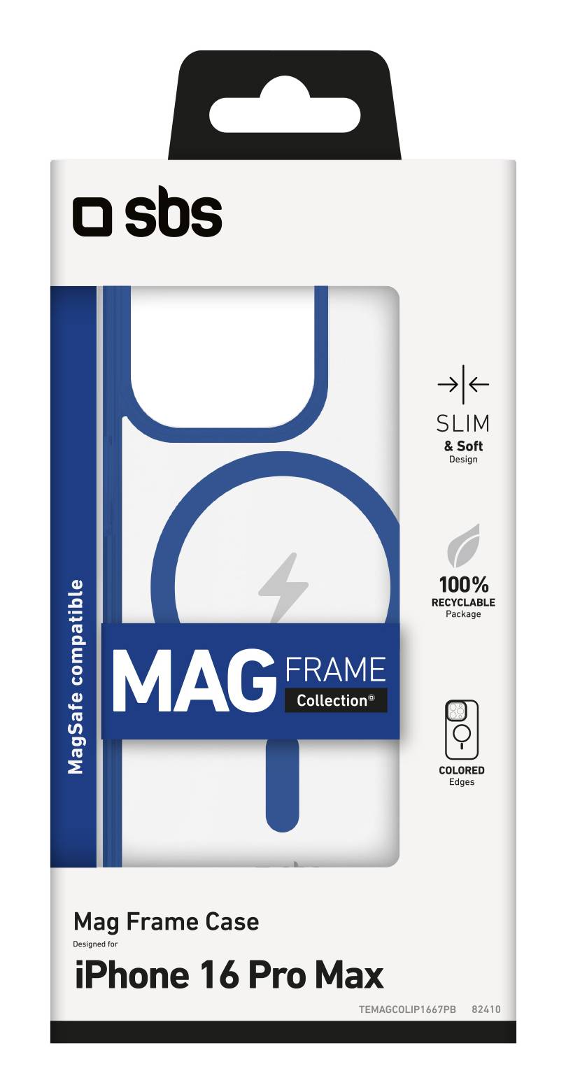 Verpackung für ein SBS Mag Frame Gehäuse für iPhone 16 Pro Max, das ein weißes, MagSafe-kompatibles schlankes und weiches Gehäuse in Blau zeigt, mit Text zur 100 % recycelbaren Verpackung.