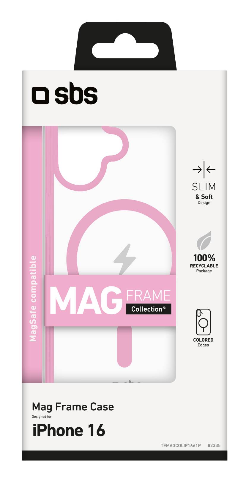 Verpackung für ein SBS Mag Frame Gehäuse für iPhone 16, mit rosa MagSafe-kompatiblem Design, schlankem und weichem Stil und 100% recycelbarer Verpackung.