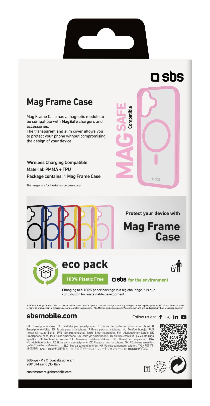 Verpackung für SBS Mag Frame Case, ein magnetische Handyhülle mit MagSafe-Kompatibilität und kabelloses Ladesupport, gezeigt mit farbigen Hüllenoptionen und Eco-Pack-Branding.